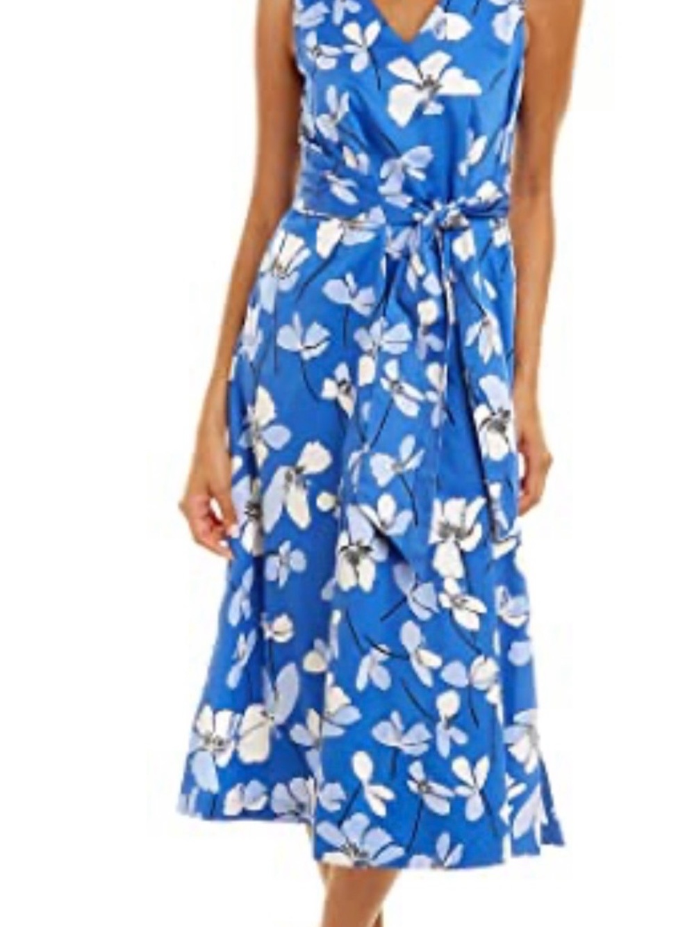 Anne Klein Blue & White Floral V-Neck Tie-Waist Midi Dress